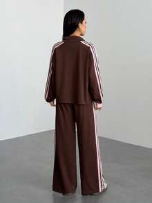 SHEIN PETITE Women's Contrast Stripe Jacket And Pants 2 Pieces Set Brown 2 Pieces Set Tracksuit Women Set 2 Pieces Lounge Sets Woman,Cozy Fall And Winter Clothes For Women - Brown - View 3