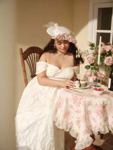 SHEIN MOD Váy họa tiết hở vai tay cánh bướm màu mơ cỡ lớn, thắt eo, khoét eo - Màu be - Xem 10