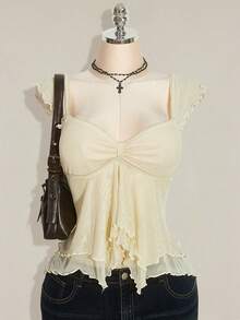 SHEIN ICON Plus Size Women Ruched Front Fitted Sexy Mesh Patchwork Flutter Sleeve Backless Casual Vacation Cropped Tank Top, Autumn, Back To School - Beige - View 4