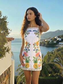 CAJUNI Women's Mini Dress White Multicolor Summer Woven Slim Fit, Sleeveless Spaghetti Straps, Straight Neckline, Allover Hand-Drawn Tropical Parrot & Pineapple Print, Vibrant Floral Edge Trim, Mini Dress, Resort Vacation Style For Holiday, Beach, Travel & Summer Parties,Summer Dress,Spring Outfit Women,Valentine's Day,New Year,Beach Dress,Casual Dresses For Women,Vacation Outfits Women,Floral Dress, Aloha Dress, Mini Dresses, Tropical Vacation Dress, Sun Dresses For Women - Beige - View 4