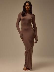 MUSERA ESSENTIALS Fitted Long Sleeve Crewneck Polyamide Maxi Dress  Cosy Lounge Cute Sexy Everyday Lounge Essential - Chocolate Brown - View 1