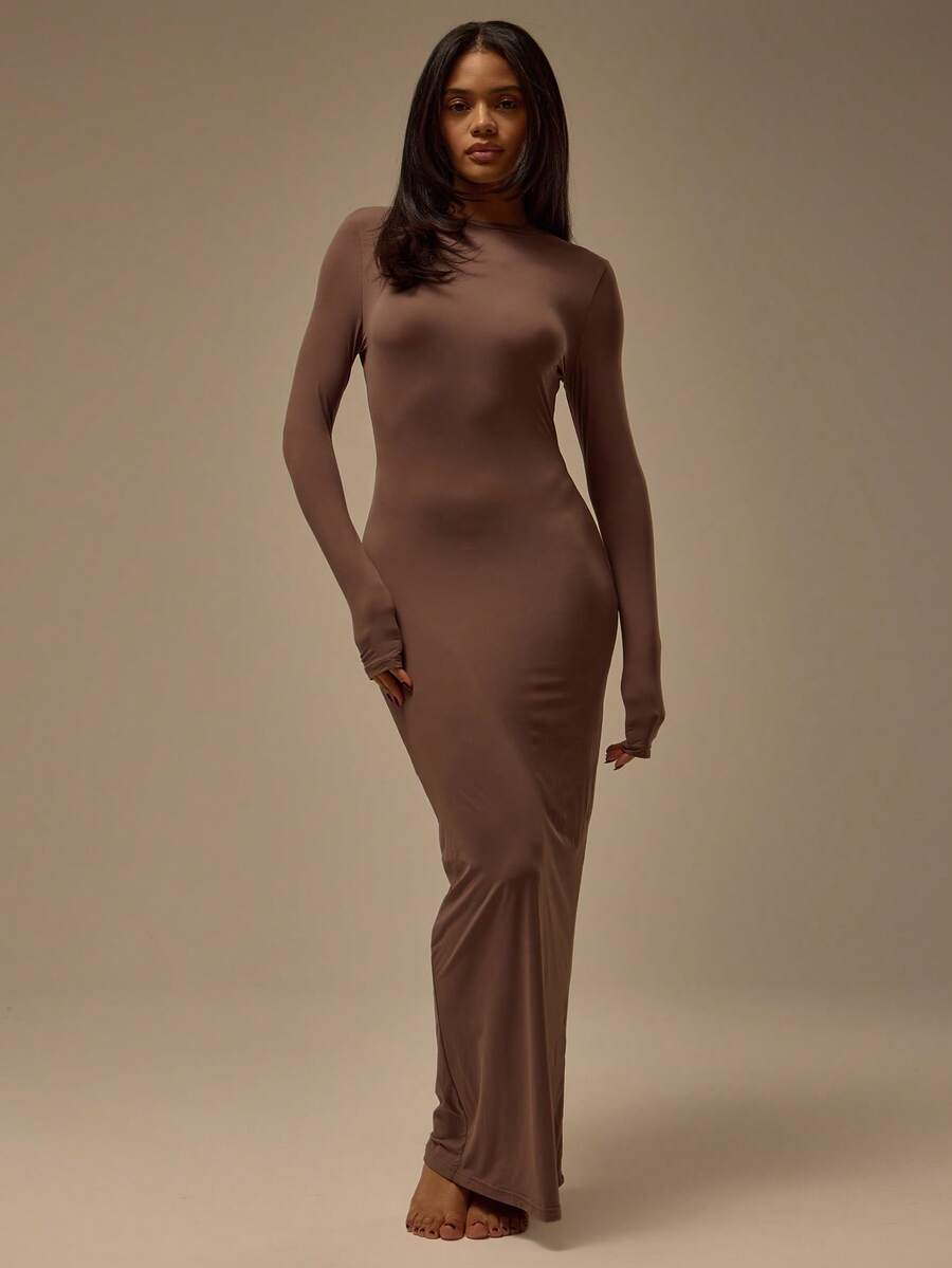 MUSERA ESSENTIALS Fitted Long Sleeve Crewneck Polyamide Maxi Dress  Cosy Lounge Cute Sexy Everyday Lounge Essential - Chocolate Brown - View 1
