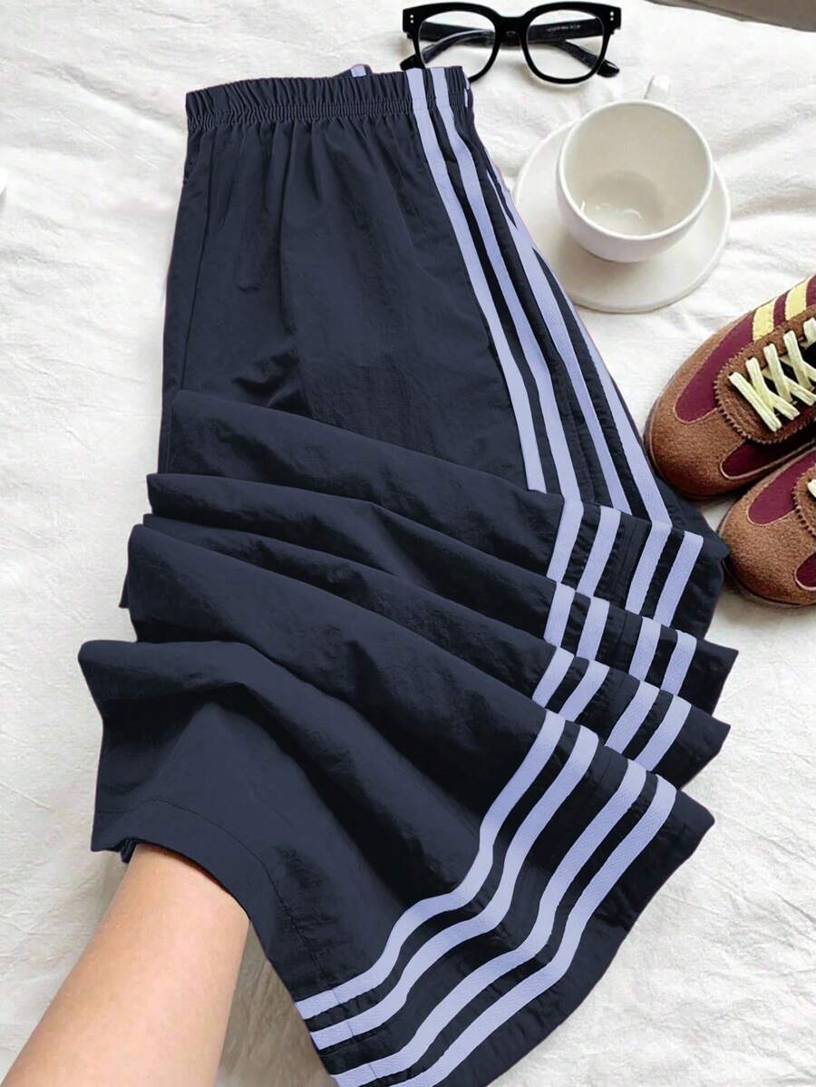 SHEIN 少女运动休闲条纹松紧腰裤 - 藍色 - 查看 1