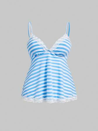 Fairycore Women's Summer Casual Vacation Style Blue & White Striped Print Lace Trim Babydoll Cami Top