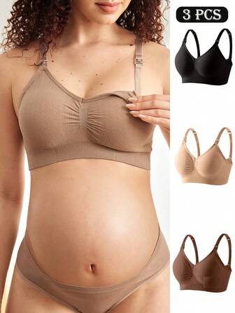 Moonlight & Mama 3pcs Maternity Solid Color Ruched Nursing Comfortable Bras Set