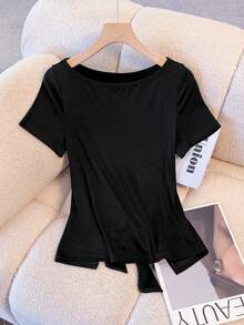 Franclia Women's Casual Round Neck Fitted Backless Tie-Up Short Sleeve T-Shirt, Versatile For Spring/Summer - Black - View 1
