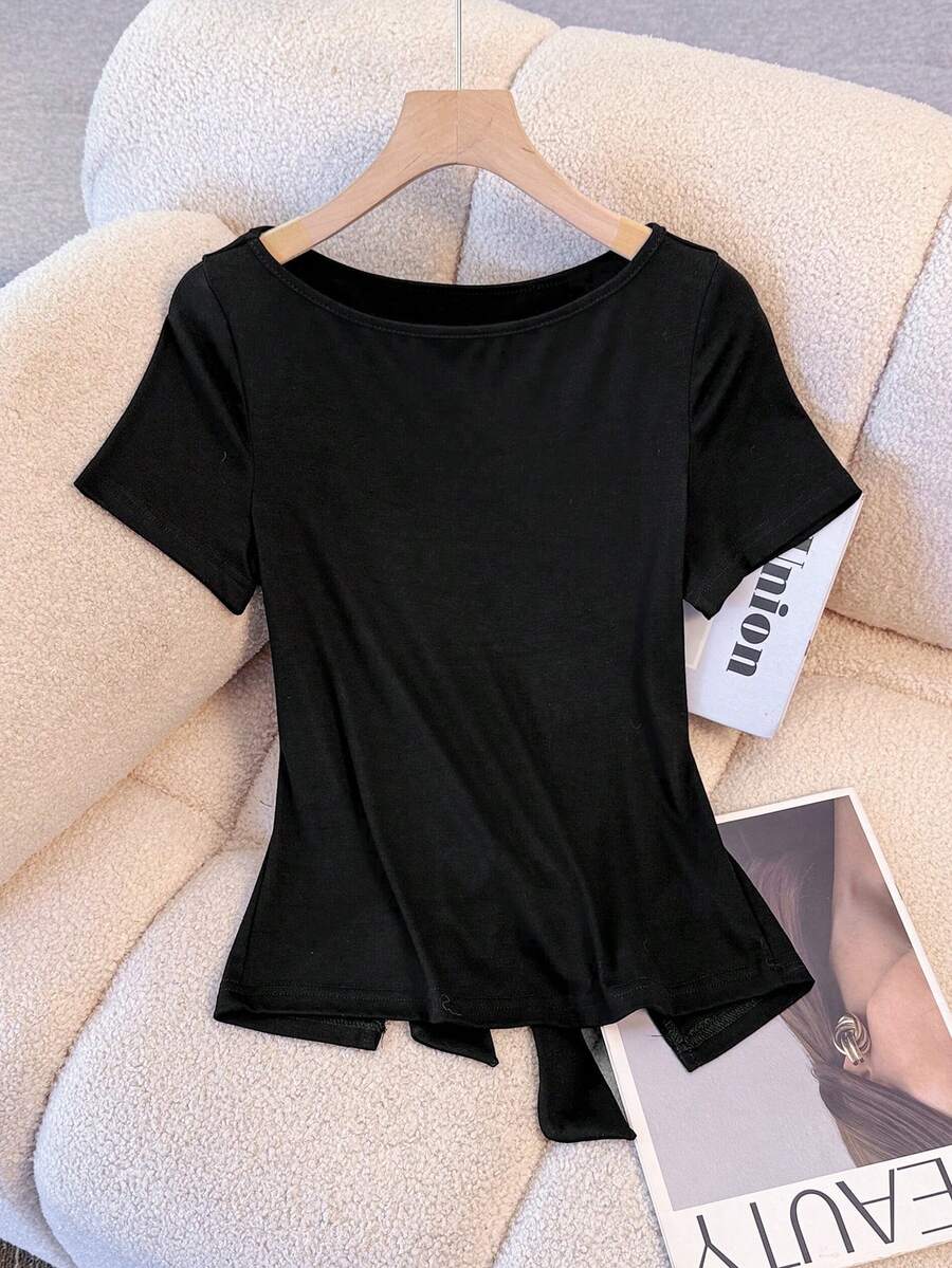 Franclia Women's Casual Round Neck Fitted Backless Tie-Up Short Sleeve T-Shirt, Versatile For Spring/Summer - Black - View 1