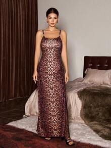 Slumberist Gold Leopard Print Satin Hollow-Out Lace Patchwork Sexy Women Camisole Nightgown - Multicolor - View 6