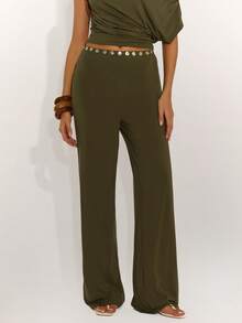 SHEIN BAE Women's Army Green Everyday Casual Comfort Knitted Button-Decorated Straight Leg Pants. Suitable For Casual Wear, Commuting, Beachwear, Vacations, Summer, Spring Break, And More, Going Out, Beach For Women - Army Green - View 5