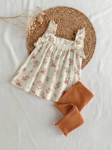 Loomiva 2件套女婴碎花方领荷叶边上衣和松紧腰短裤套装 - 杏色 - 查看 2