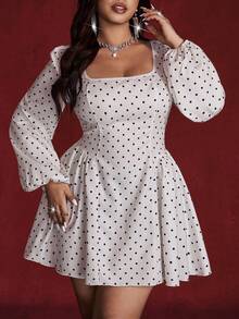 Viva Relle Valentine Plus Size Elegant Party Polka Dot Print Lantern Sleeve Dress - Apricot - View 6