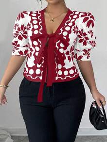 Elenzga Plus Size Bowknot Colorblock Short Sleeve Shirt With Digital Print, Unique Design, Vacation Style - Red and White - View 4
