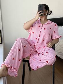Napfluff CURVE Bộ đồ ngủ cỡ lớn có bèo nhún, họa tiết sọc, hình trái tim, cổ ve áo - Hồng - Xem 5