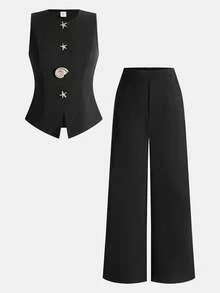 Girlism Everyday Casual Teen Girls Black Tank Top Co-Ord With Starfish Button Details And Long Straight Pants - Black - View 3