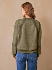 Franclia Women's Elegant Lace Trim Patchwork Sweatshirt - Army Green - View 2