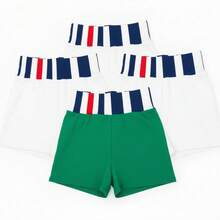 Pantalones cortos de COLOR VERDE, BLANCO, BLANCO y BLANCO 4PK  deportivas cortas unisex con pretina elástica a rayas tricolor, pantalón corto de entrenamiento para gym, yoga, correr o uso diario, en colores rojo, verde, negro, blanco, rosa y azul marino, tela suave tipo compresión para deporte y casua, - VERDE - Ver 1