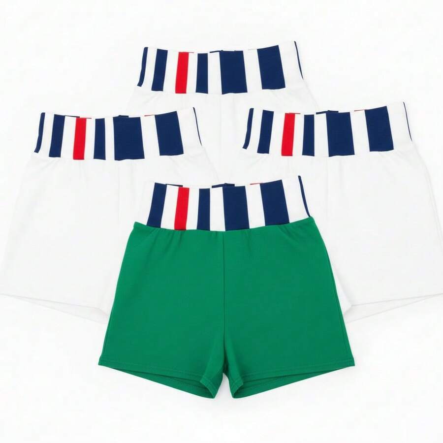 Pantalones cortos de COLOR VERDE, BLANCO, BLANCO y BLANCO 4PK  deportivas cortas unisex con pretina elástica a rayas tricolor, pantalón corto de entrenamiento para gym, yoga, correr o uso diario, en colores rojo, verde, negro, blanco, rosa y azul marino, tela suave tipo compresión para deporte y casua, - VERDE - Ver 1