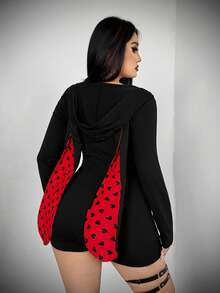 Whyspr 情人节爱心印花性感时尚暗黑可爱红黑格子兔耳朵撞色弹力针织连体衣 - 彩色 - 查看 2