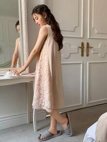 Dazy Kids 少女提花圆领无袖连衣裙家居服 - 杏色 - 查看 2