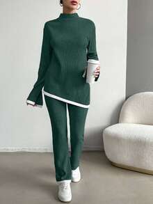 EURMUSE Cotton Contrast Binding Split Hem Tee & Pants - Dark Green - View 3