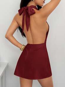 SHEIN PETITE Đầm mini xếp ly màu mơ, kiểu dáng tối giản, cao cấp, hở lưng, dây chéo, thích hợp cho tiệc tùng. - Màu Đỏ Sâu - Xem 3