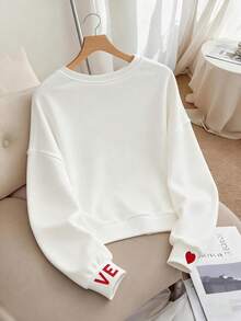 Resyla Women's Fashionable Heart Embroidery Crew Neck Sweatshirt, Suitable For Spring/Summer, Valentine's Day