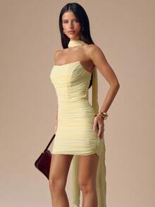 SHEIN BAE 秋冬季女士纯色奶油黄/浅黄褶皱修身迷你连衣裙，性感优雅，适合派对、鸡尾酒会、正式场合、伴娘、生日、早午餐、圣诞节、万圣节等场合。 - 淡黃色 - 查看 6