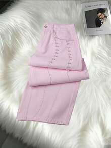 SHEIN MOD 女士时尚镶钻水钻粉色直筒牛仔裤 - 粉色 - 查看 3