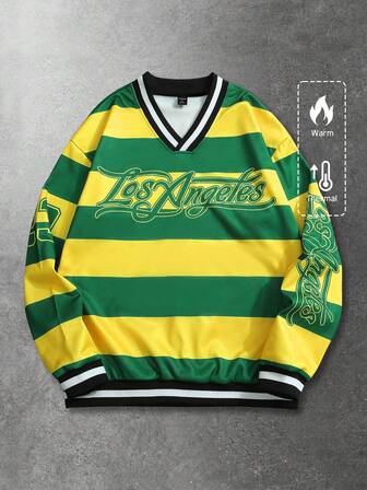 Prep Sudadera casual de hombre con estampado de rayas de color contrastante y letras, otoño