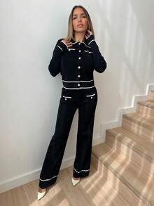 Manon Tanti 2 件套女士撞色纽扣前口袋长袖上衣和裤子套装秋冬两件套 - 黑與白 - 查看 4