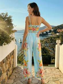 CAJUNI Bộ jumpsuit ống rộng in hoa thanh lịch dành cho nữ, thích hợp mặc đi nghỉ mát. - Màu xanh lam - Xem 2