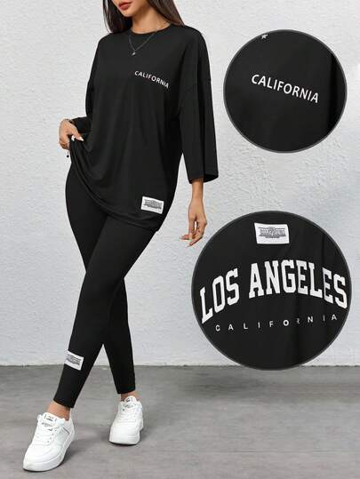 Mulvari 2 st/set damer casual t-shirt med bokstavstryck och smala byxor