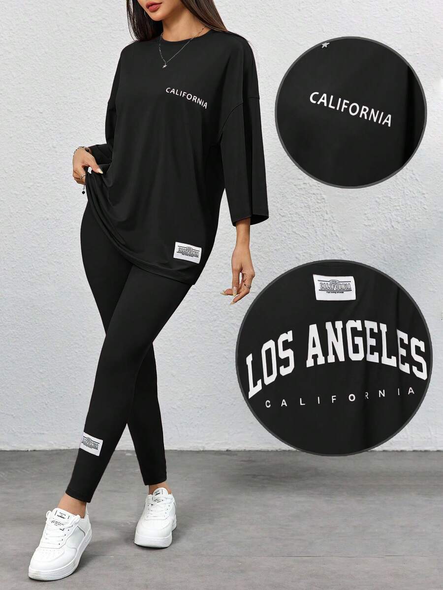 Mulvari 2pcs/Set Women Casual Letter Print T-Shirt And Skinny Pants - Black - View 1