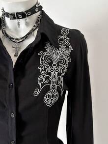 Jeanoix Sexy Embroidered Vintage Front Button Fashionable Versatile Long Sleeve Shirt - Black - View 4