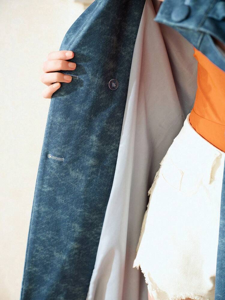 WOMEN'S TIE-DYE PRINT LAPEL COLLAR DOUBLE-BREASTED BELTED LONG TRENCH COAT