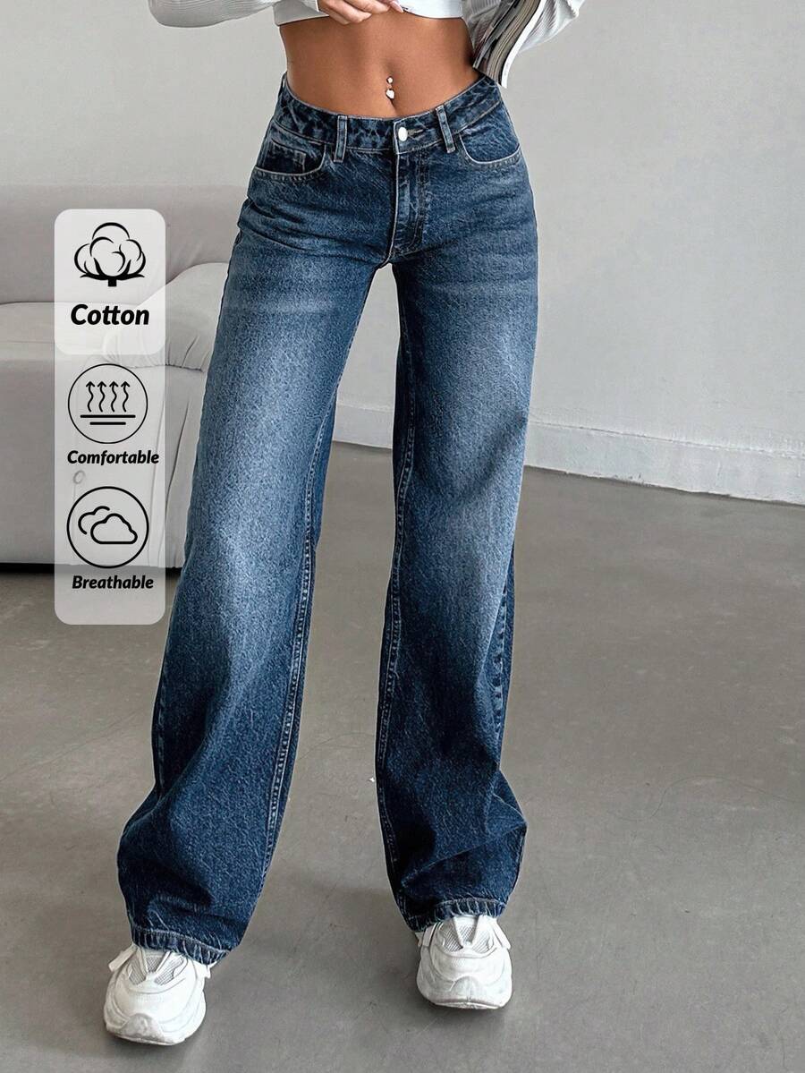 SHEIN Tall Women's Pocket Straight Loose Casual Versatile Jeans - Dark Wash - View 1