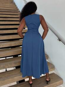 Alexandranx Black Date Night Lateral Cross Frenulum Solid Ruched Detail Long Dress - Baby Blue - View 2