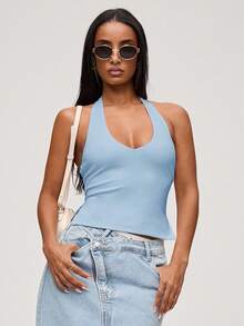 SHEIN BASICS Women's Casual Solid Color Knit Halter Top/Summer - Blue - View 3