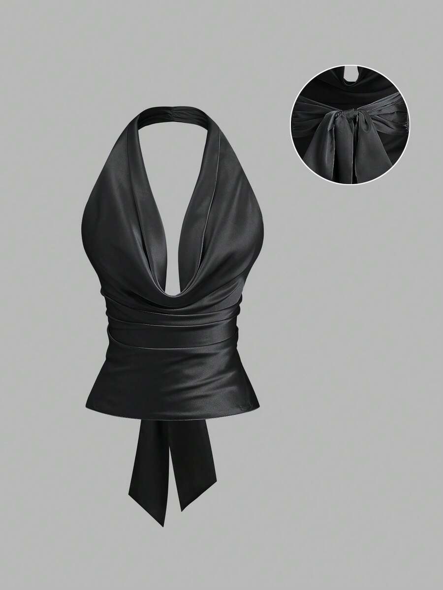 Sweetra Women's Elegant Bow Tie Halter Neck Pleated Satin Camisole - Black - View 1
