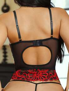 Seduluxe Classic, Elegant, Mature, Fashionable 2-Tone Lace Patchwork Mesh Garter Bra + G-String + 2pcs Leg Rings 4pcs Women Sexy Lingerie Set - Multicolor - View 2