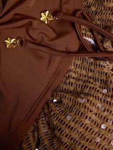 Elaquor 大码女士度假拼接亮片系带性感连体泳衣 - 棕色 - 查看 7