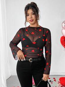 Elenzga Plus Size Women Vintage Elegant Fitted Pleated Ombre Printed Mesh Stretch Long Sleeve Base Layer T-Shirt Blouse Top, Ladies Spring Autumn Clothing