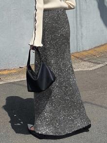 FRIFUL 女士弹力腰直筒亮面纱线毛衣裙 - 灰色 - 查看 4