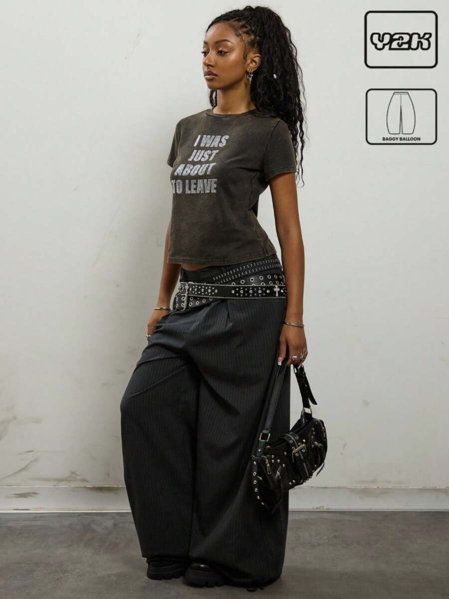 COUREZ Low Rise Baggy Balloon Fit Tailored Parachute Trousers, Y2K  Spring Going Out Party Festival Black Pants Sexy Elegant - Dark Grey - View 1