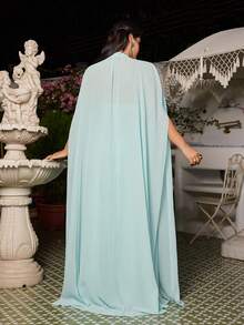 VOLUPTÉ CURVE Plus Size Summer Light Blue V-Neck Long-Sleeve Cinched Waist Floor-Length Gown For Formal Events, Parties, Going Out, Graduation, Birthdays - Green - View 3