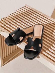 SHUZIA Alltime Bestseller Women's Smooth Faux Leather Harness Cut-Out Open Toe Soft-Cushion Classic Black Slide Sandals – Minimalist, Elegant & Versatile For Christmas Valentine's Day - Black - View 5