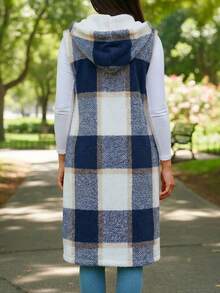 Chaleco Largo de Cuadros para Mujer, Suave para Otoño Invierno - Azul - Ver 3