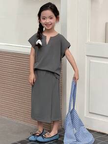 DAZY 2pcs/Set Young Girls V-Neck T-Shirt And A-Line Textured Skirt Casual Outfit, Fall - Dark Grey - View 2