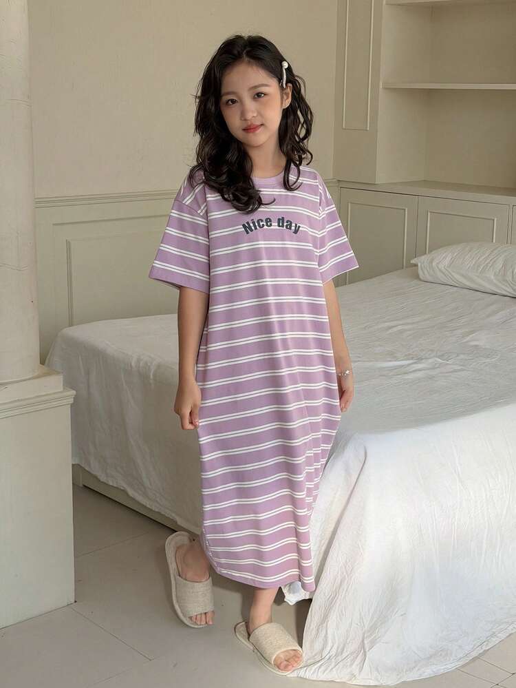 Tween Girl Letter Striped Round Neck Short Sleeve Casual Homewear Dress - Purple - View 1