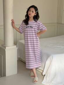 DAZY Tween Girl Letter Striped Round Neck Short Sleeve Casual Homewear Dress - Purple - View 3